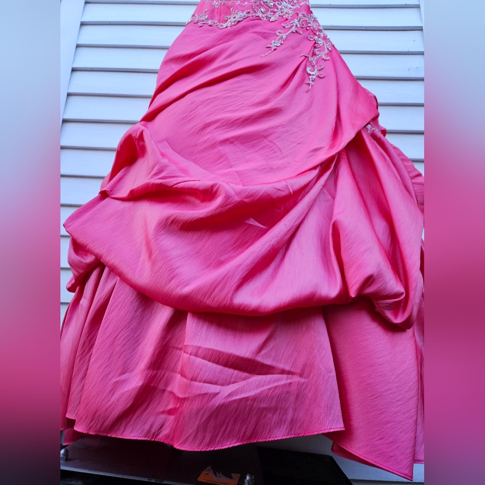 Watermelon Pink Embellished Strapless Gown - Picture 6 of 16